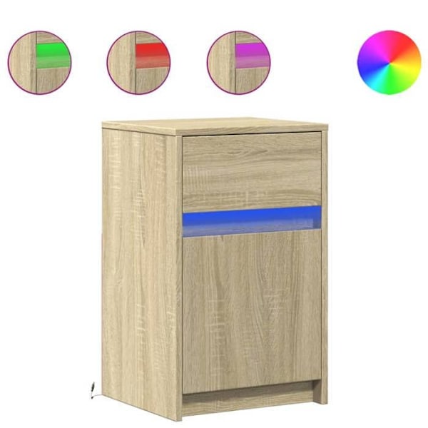 Sengebord med LED-belysning 38 x 34 x 61 cm ingeniørtræ farve eg DEC032776 kastanj