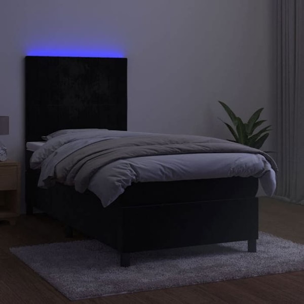 LED-sengestel med silkebetræk, hovedgærde, madras 100 x 200, sort fløjl.