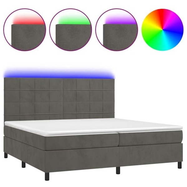 LED-patja runko, jossa samettipääty, patja, yöpatsas 200 x 200 tummanharmaasta kankaasta.