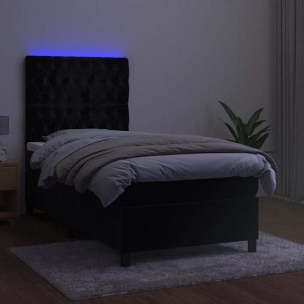 LED-sengestel med silkebetræk, hovedgærde, madras 100 x 200, sort fløjl.