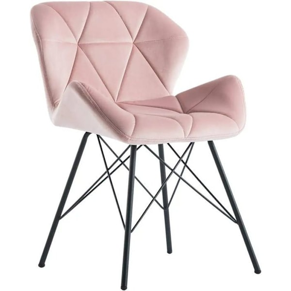 Set med 2 matstolar i rosa sammetsstof med triangelsömmar och metallben, designad av Eiffel.