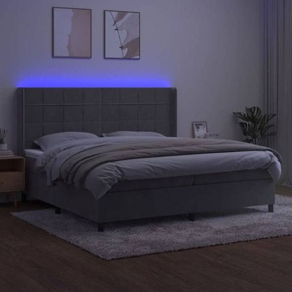 LED-sängram med sänghuvud, madrass, övermadrass 200 x 200 ljusgrå sammetstoff