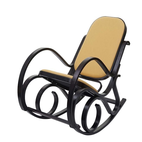 Mørkt træ gyngestol - Rocking chair - Sæde i gul stof