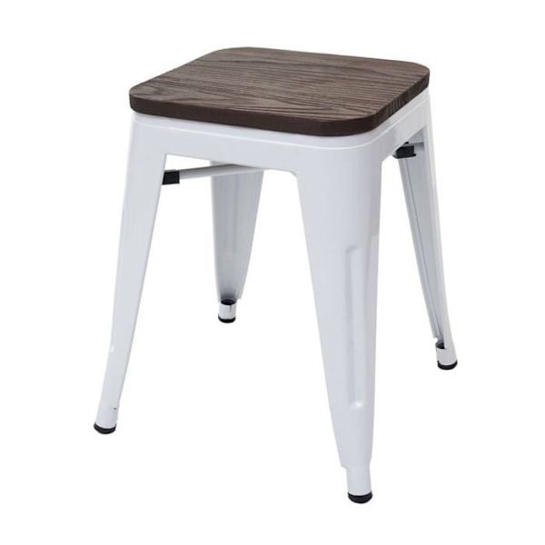 Låg pall med sits i trä, design i industriell stil, stapelbar i vitt metall 04_0005327 Vit