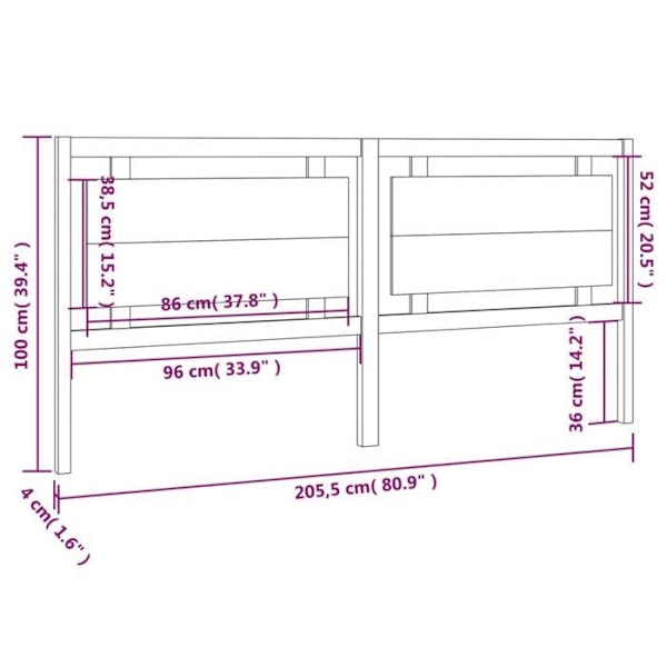 Hovedgærde til seng til soveværelse møbel 205,5 x 4 x 100 cm massivt fyrretræ TDL0206108