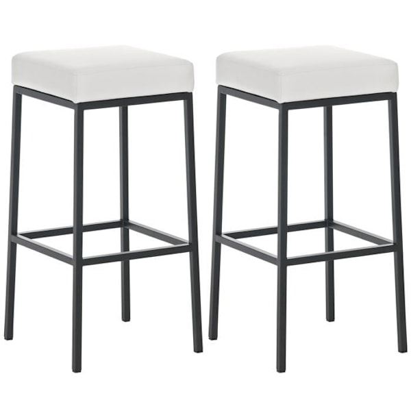 Sæt af 2 barstole med fodstøtte, enkelt design, højde 80 cm, sæde i hvid PVC, støtte i sort metal 10_0004366 Vit