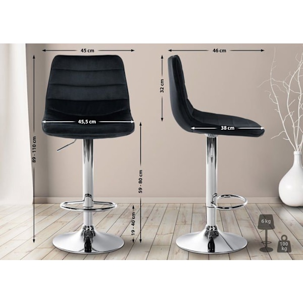 Baari stool korkea x1, musta viistoreunainen sametti jalkatuki, metallirakenne kromi 10_0005131 Metall