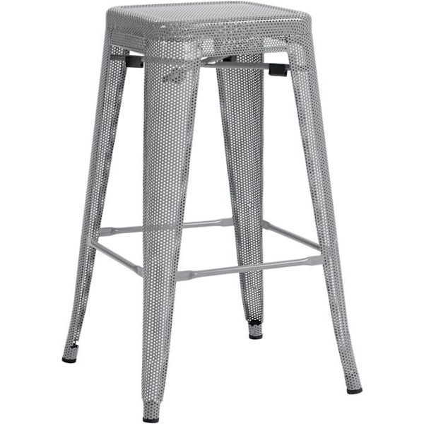 Barstol med fodstøtte i industriel design, stabelbar i perforeret sølvmetal 10_0004871 Silver