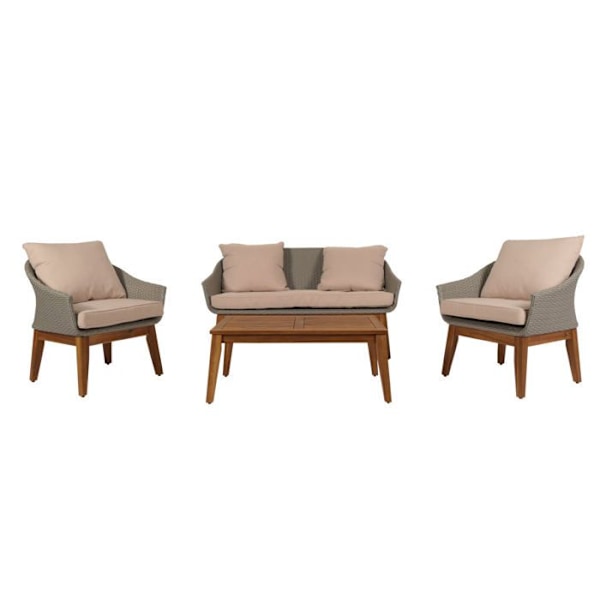 Salon i haven med sofa, stole og bord i poly rattan og akaciatræ med beige puder 04_0008322 Beige