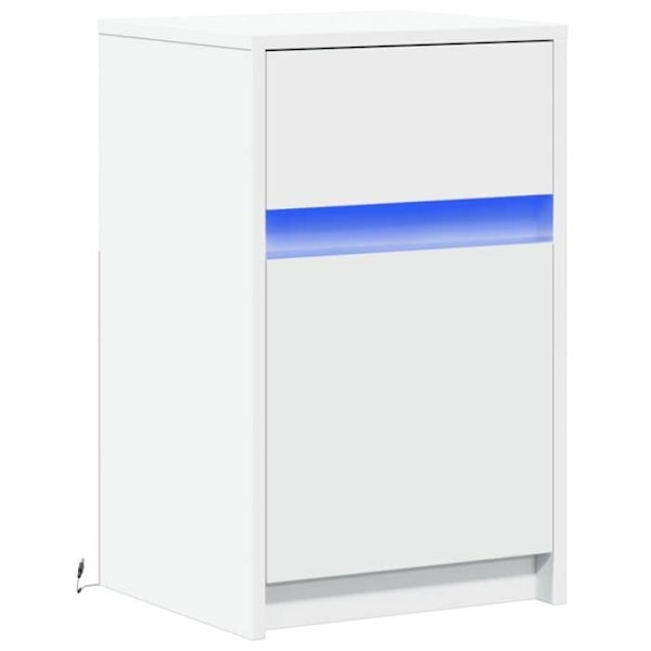 Natbord med skuffe og LED 38 x 34 x 61 cm i hvidt ingeniørtræ DEC032769 Vit