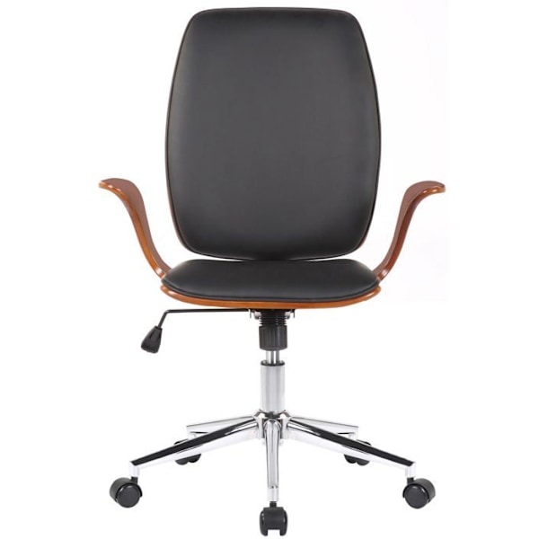 Klassisk og komfortabel kontorstol med ergonomisk ryg, justerbar højde i sort syntetisk materiale, træ og metal.