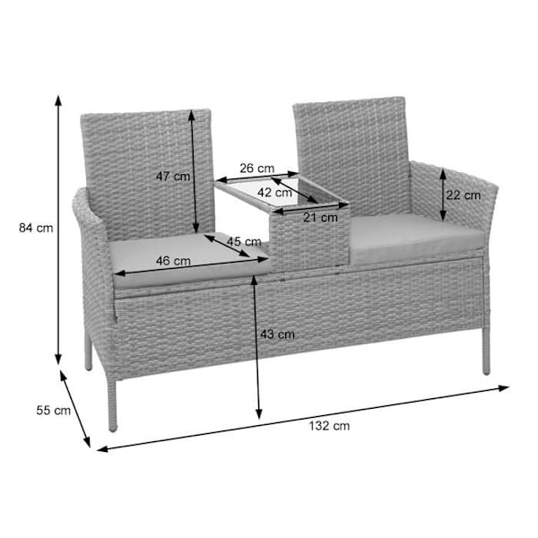 Banc i polyrotin med bord, stole og haveretter 132 sort, cremefarvet pude