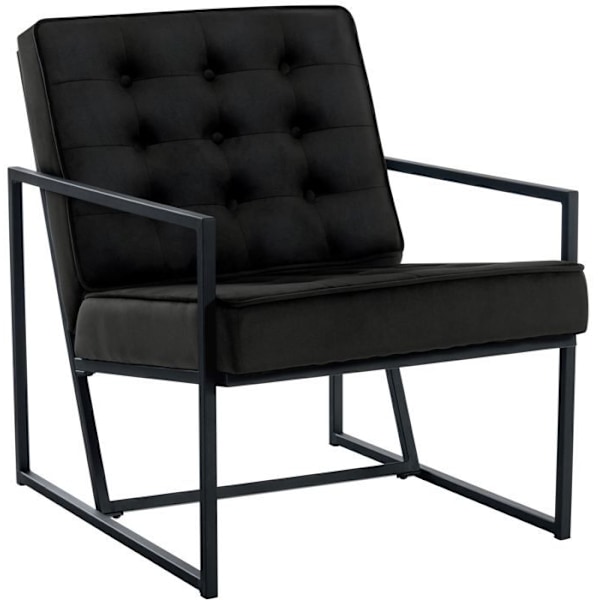 Svart sammet loungefåtölj med metallram, knappat, minimalistisk design