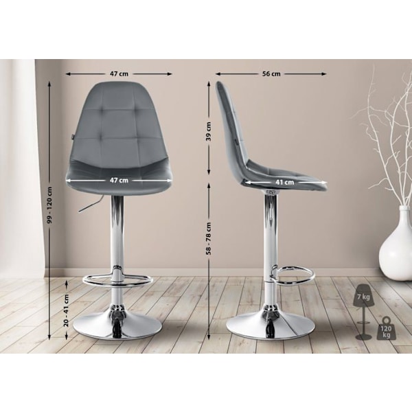 Bar Stool x1 with adjustable height footrest swivel gray PVC seat chrome metal frame 10_0004823 Grå