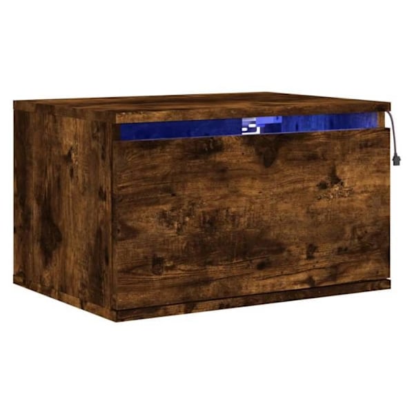 Væghængt natbord med LED-lys og skuffe 50 x 36 x 30 cm i ingeniørtræ i farven røgfarvet eg DEC034170 kastanj