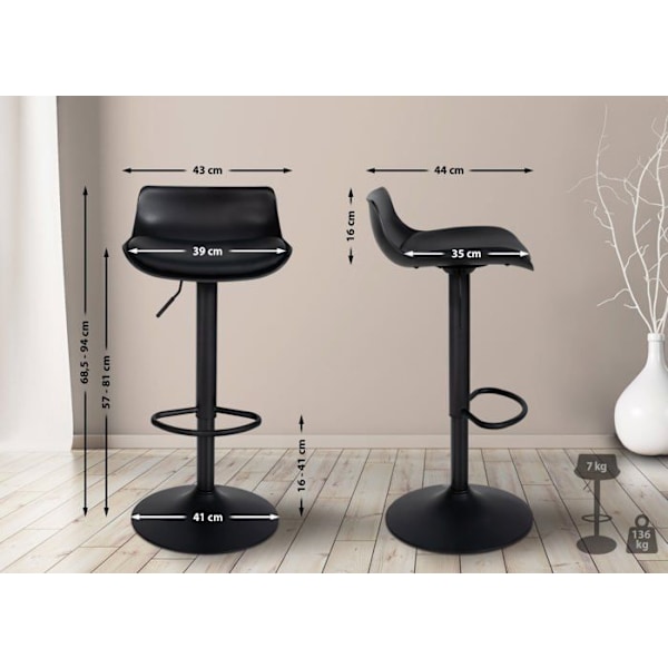 Barstol x4 med justerbar fodstøtte moderne design i sort PVC og sort metal 10_0004500 Metall