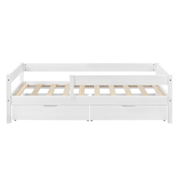 Barneseng med faldsikring, inkluderer madras og opbevaringsskuffer, hvidt fyrretræ 90 x 200