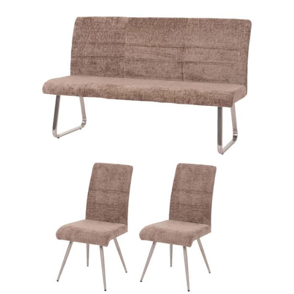 Set med 2 matstolar + bänk 160 cm borstat rostfritt stål i brunt chenille-tyg 04_0008279 kastanj