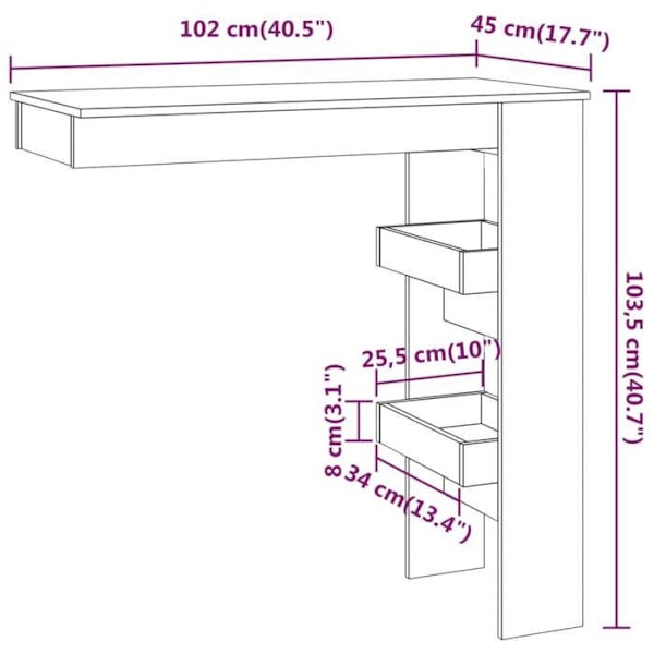 Væghængt barbord med reoler 102 x 45 x 103,5 cm, ingeniertræ i egetræ farve DEC036231 kastanj