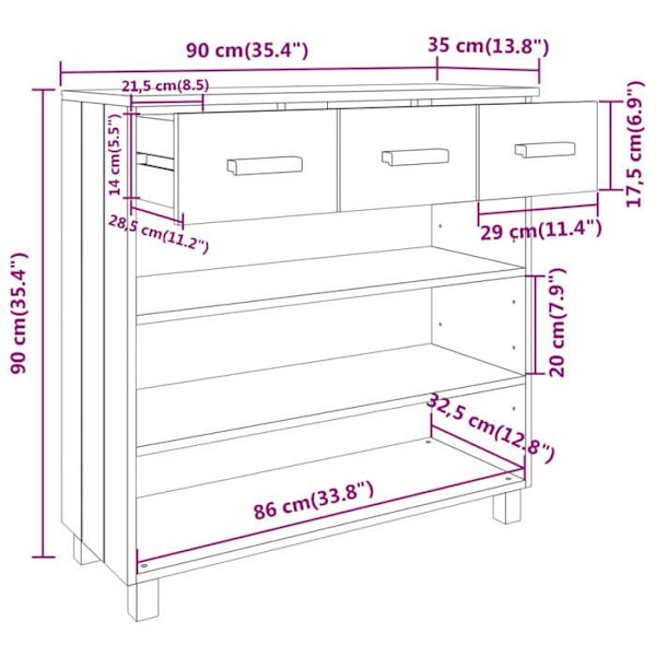 Console sidebord med hylder og skuffer 90 x 35 x 90 cm massivt fyrretræ i honningbrun DEC032023 kastanj