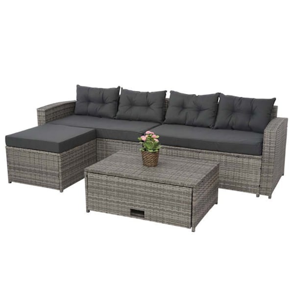 Polyrotin have til balkon, have terrasse, sofa, lav borde, puff, opbevaringsrum, grå, grå puder