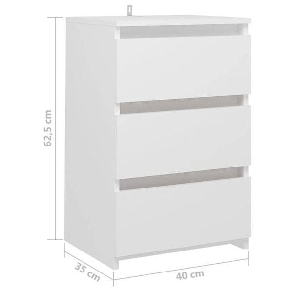 2 kpl yöpöytiä, joissa on 3 laatikkoa 40 x 35 x 62,5 cm valkoista lastulevyä DEC034945 Vit