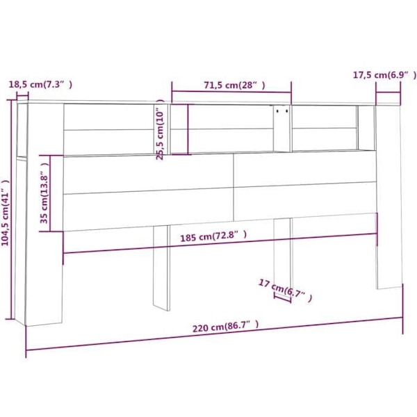 Hovedgærde med opbevaring tilbehør til seng natbord hylde 220 x 18,5 x 104,5 MDF hvid højglans