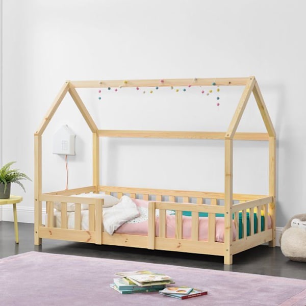 Lasten sänky maja, jossa on aita ja luonnollinen mäntyliukusänky 70 x 140 cm 03_0005487 kastanj