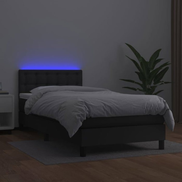 LED-sänky kehys, silkkipäällysteinen pääty, 90 x 190 synteettinen musta patja Svart