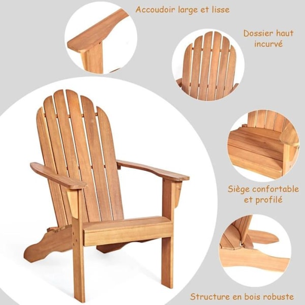 Säänkestävä puinen Adirondack-puutarhatuoli kaarevalla selkänojalla, kuormitus 170kg, puun väri.