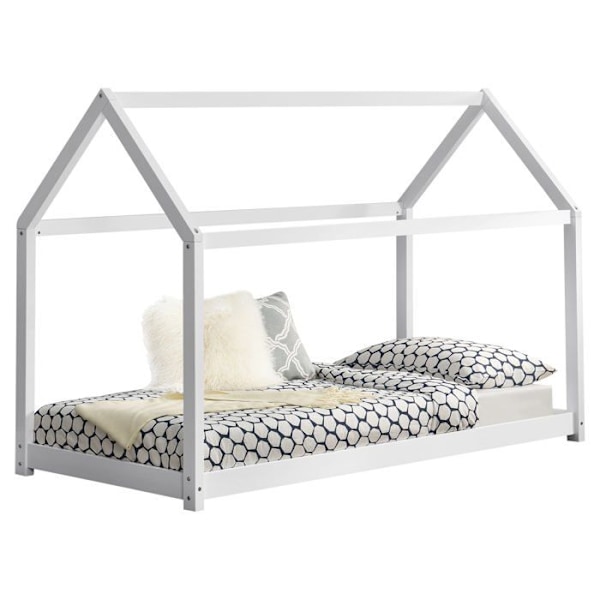 Barneseng - Hus - Hvidt træ - 90x200 cm - Med lameller - 1 plads Vit