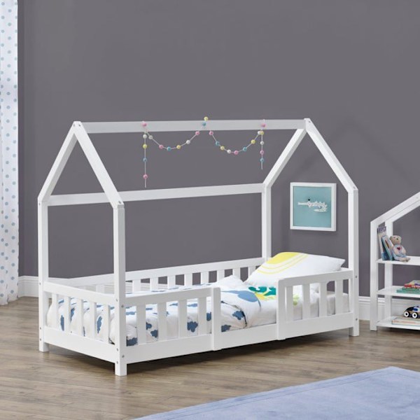 Barnsäng - Hus - 80 x 160 cm - Säkerhetsbarriär - Vit tall - Robust Vit