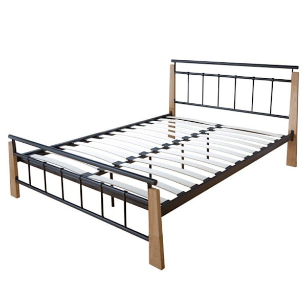 Säng för vuxna 2 personer i svart metall och ljust trä 160 x 200 med ribbbotten