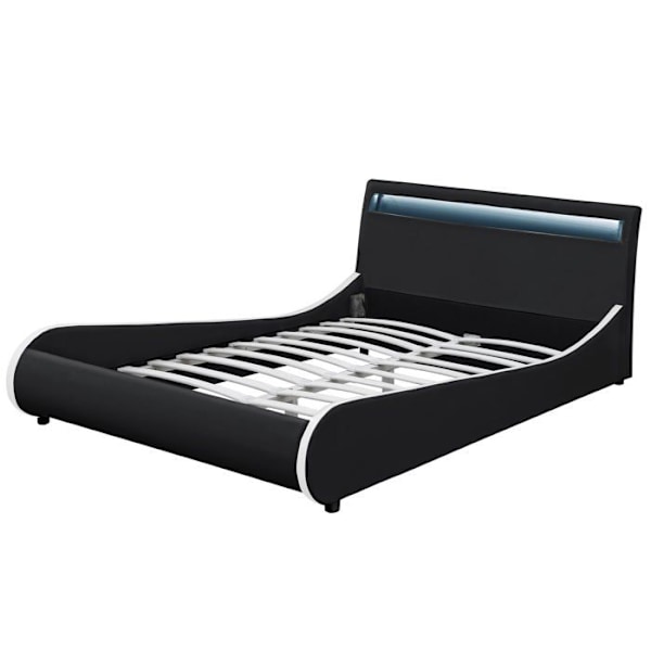 Dobbeltseng - Ikke specificeret - 180x200 cm - Sort syntetisk læder - LED-belysning - 2 personer svart med vit kant