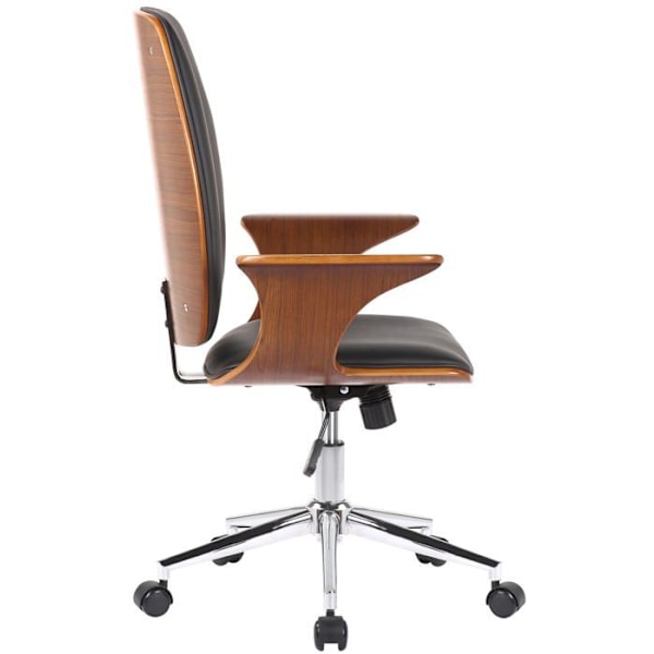Klassisk og komfortabel kontorstol med ergonomisk ryg, justerbar højde i sort syntetisk materiale, træ og metal.