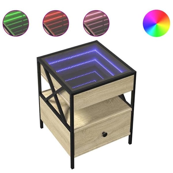 Natteskab med skuffe og LED-spejl 40 x 40 x 51 cm metalramme, glas og ingeniørtræ i egetræsfarve DEC033148 kastanj