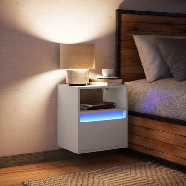 Væghængt natbord med LED-lys og skuffe 41 x 31 x 45 cm, hvidt ingeniørtræ DEC034164 Vit