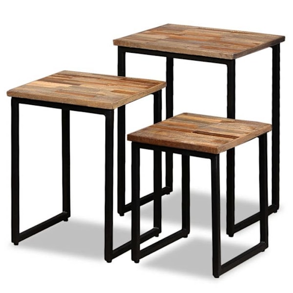 Set av tre stapelbara soffbord i massiv återvunnen teak och stål DEC031254 kastanj