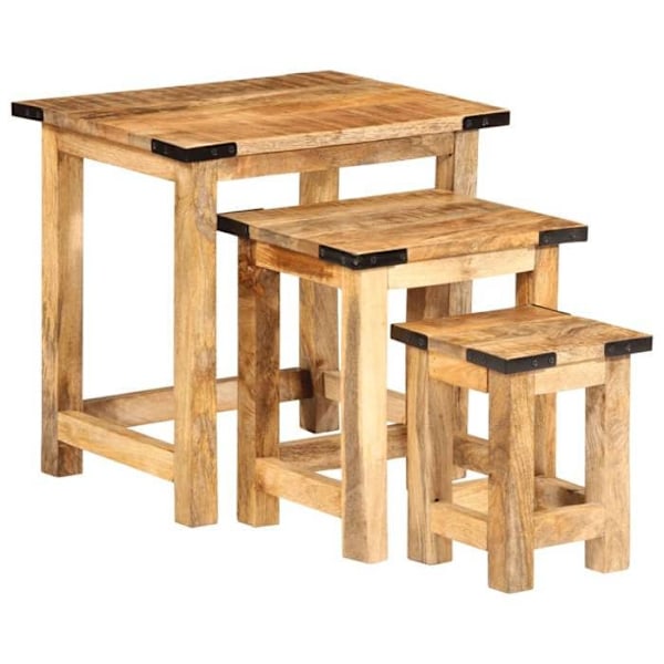 Set med 3 stapelbara sidobord i massiv mangoträd DEC032672 kastanj