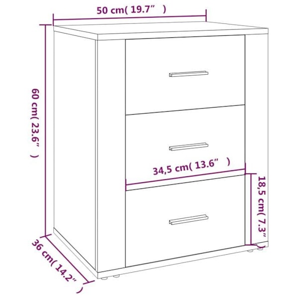 Nattesenhed med 3 skuffer 50 x 36 x 60 cm sort ingeniørtræ DEC034512 kastanj