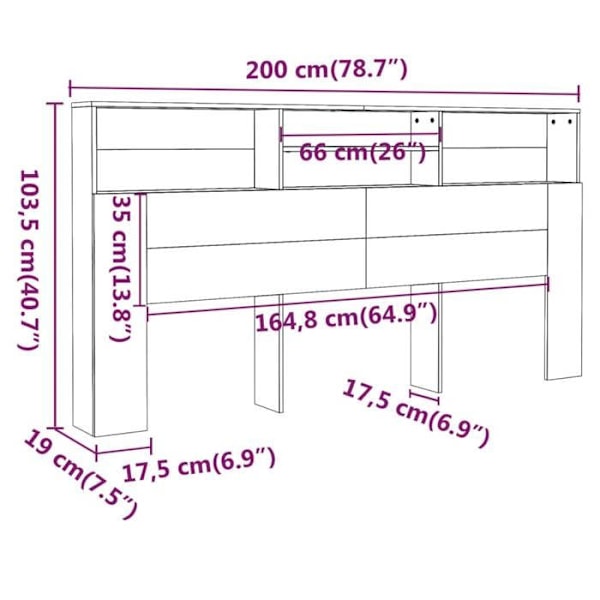 Sengegavl med opbevaring, sengebord, hylde 200 x 19 x 103,5 MDF sort