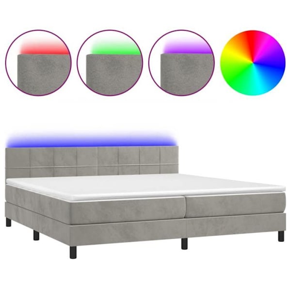 LED-sänkykehys, jossa silkki-pääty, patja ja toppa 200x200 vaaleanharmaasta sametista.