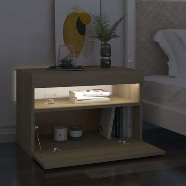 Sæt af 2 natborde med LED-lys og skab med dør 60 x 35 x 40 cm ingeniørtræ farve eg DEC036202 kastanj