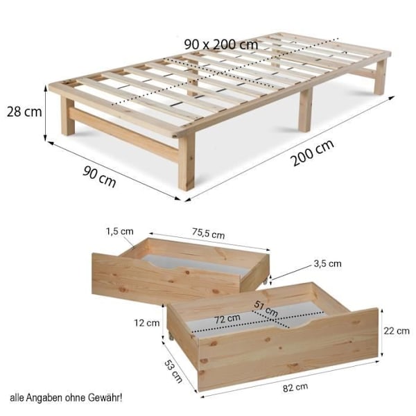 Puinen sänky 90 x 200, jossa on säilytyslaatikot ja lamellipatja.