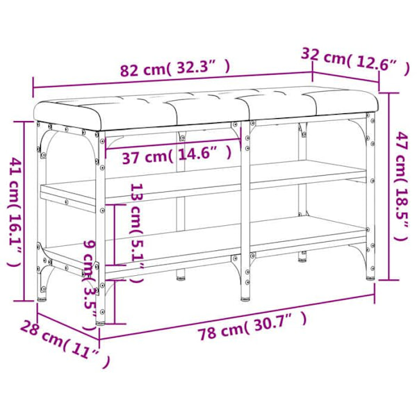 Bænksystem til sko med 2 niveauer, sort siddepude 82 x 32 x 47 cm, træ af ingeniørkvalitet i røgfarvet eg DEC024852 Brun