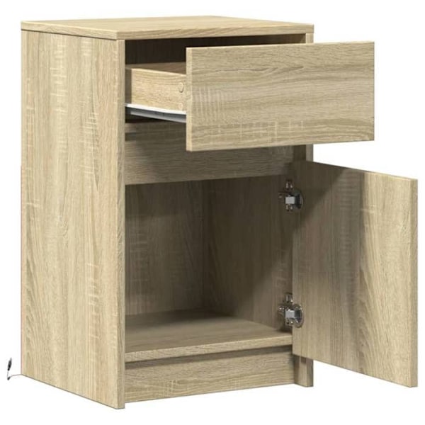 Sengebord med LED-belysning 38 x 34 x 61 cm ingeniørtræ farve eg DEC032776 kastanj