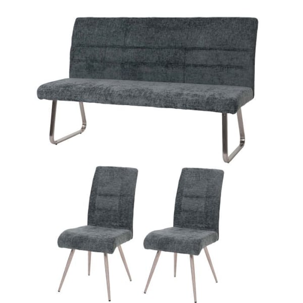 Set med 2 matstolar + 160 cm bänk i borstat rostfritt stål med blågrön chenilletyg 04_0008277 Blå