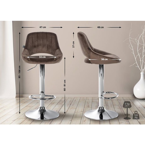 Barstol x1 med drejelig og justerbar fodstøtte i sort velour og metal TDB10816 Metall