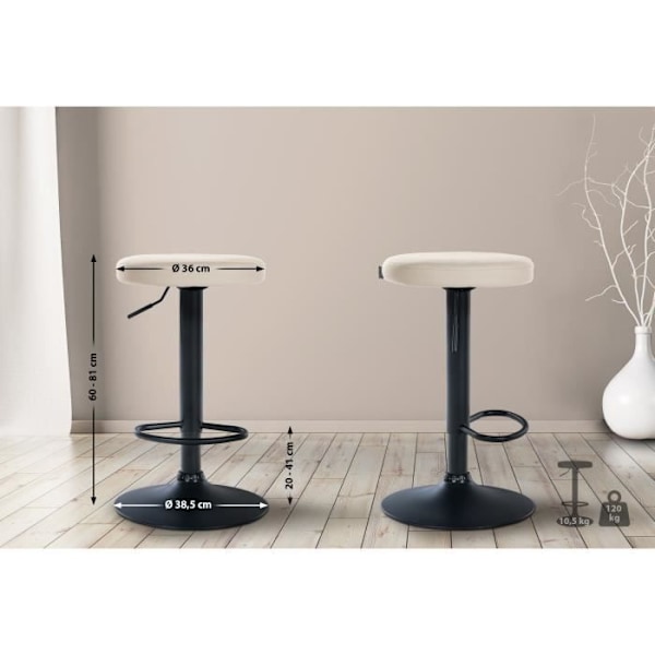Barstole - Design - Sæt af 2 - Syntetisk creme - Sort metalramme - Højdejusterbar Grädde