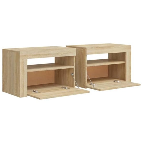 Sæt med 2 natborde med LED-lys og skab med dør 60 x 35 x 40 cm ingeniørtræ farve eg DEC034839 kastanj